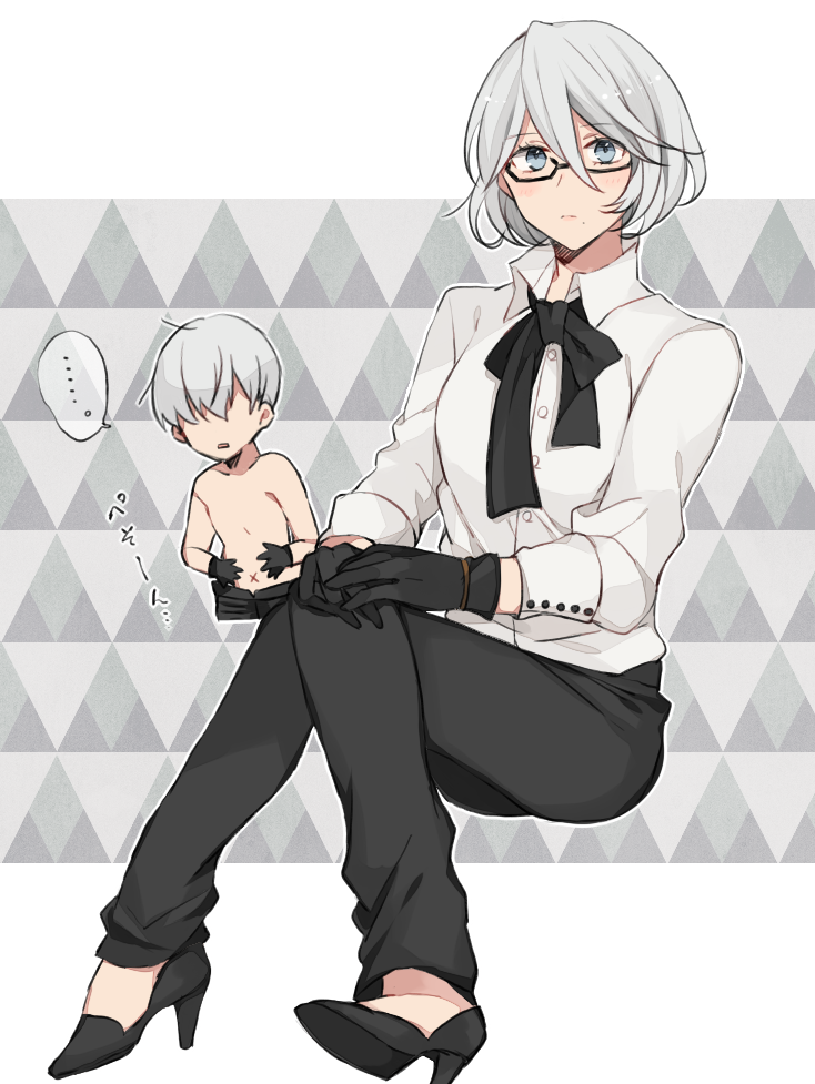 ... 1boy 1girl adam_(nier_automata) adam_(nier_automata)_(cosplay) bangs bare_arms bare_shoulders bespectacled black-framed_eyewear black_gloves black_pants black_ribbon black_shoes blue_eyes blush buttons collarbone collared_shirt cosplay dress_shirt eyebrows_visible_through_hair eyelashes glasses gloves hair_between_eyes high_heels invisible_chair kurosawa_kazuto long_sleeves looking_at_viewer neck_ribbon nier_(series) nier_automata no_blindfold pants ribbon semi-rimless_glasses shirt shirtless shoes short_hair silver_hair sitting speech_bubble spoken_ellipsis under-rim_glasses white_shirt x_navel yorha_no._2_type_b yorha_no._9_type_s