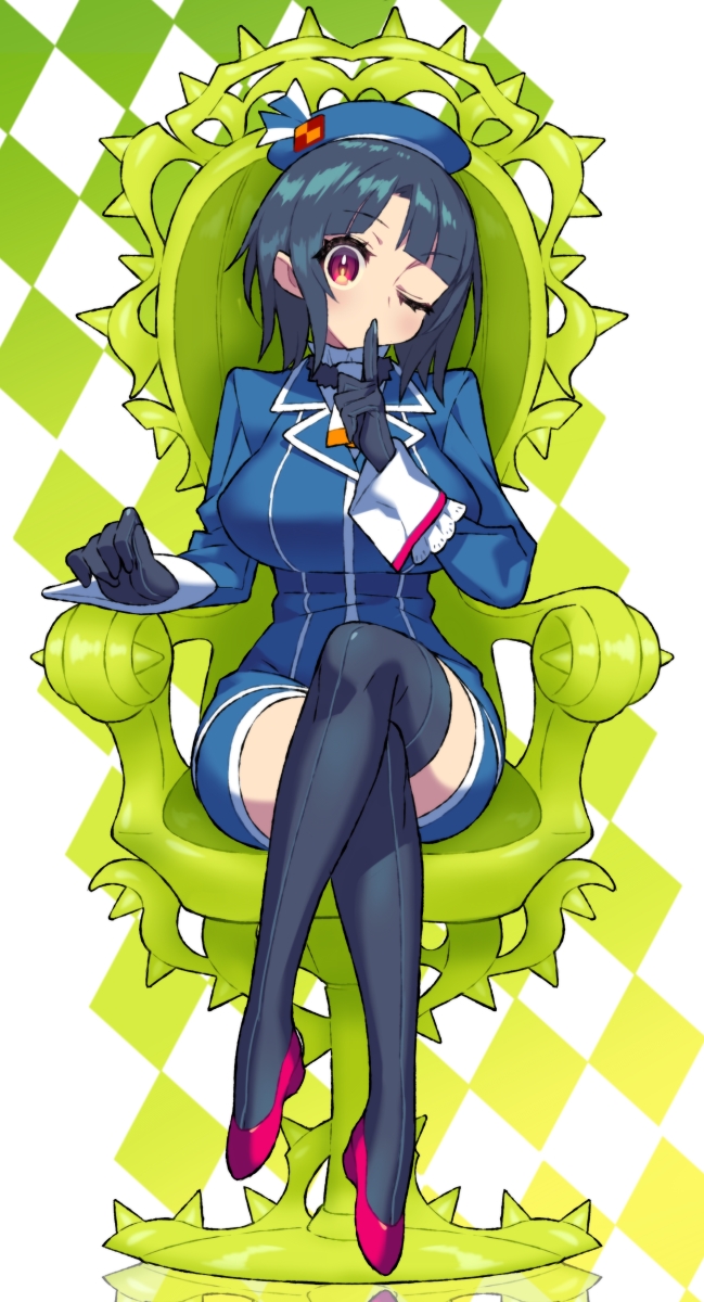 10s 1girl beret black_gloves black_hair black_legwear breasts chair checkered checkered_background commentary_request finger_to_mouth full_body gloves green_background hat head_tilt highres itsumo_nokoru kantai_collection large_breasts legs_crossed long_sleeves looking_at_viewer military military_uniform one_eye_closed red_eyes short_hair shushing sitting solo takao_(kantai_collection) thigh-highs two-tone_background uniform white_background