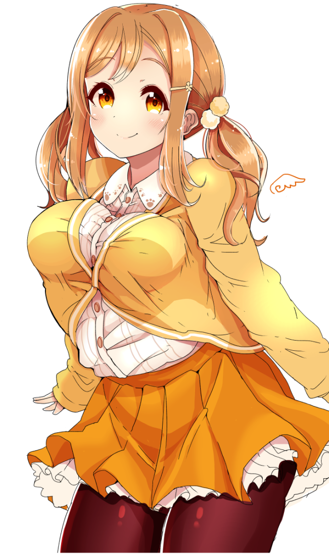 1girl black_legwear blush breasts brown_hair closed_mouth eyebrows_visible_through_hair hair_ornament hairclip kunikida_hanamaru kuzu_kow large_breasts long_sleeves looking_at_viewer love_live! love_live!_sunshine!! medium_hair orange_skirt pantyhose skirt smile solo twintails yellow_eyes