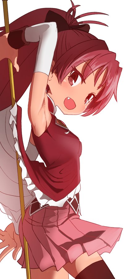 1girl :d arm_up armpits black_legwear bow breasts brown_eyes contrapposto cowboy_shot detached_sleeves fang from_side hair_bow impossible_clothes impossible_shirt looking_at_viewer mahou_shoujo_madoka_magica open_mouth pleated_skirt polearm ponytail redhead sakura_kyouko shirt simple_background skirt small_breasts smile solo sumiyao_(amam) thigh-highs weapon white_background