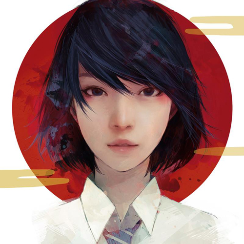 1girl bangs black_eyes black_hair collared_shirt commentary_request expressionless hair_between_eyes lips looking_at_viewer lowres moon necktie original pink_lips portrait red_moon shirt short_hair simple_background solo striped striped_necktie wataboku white_background white_shirt wing_collar