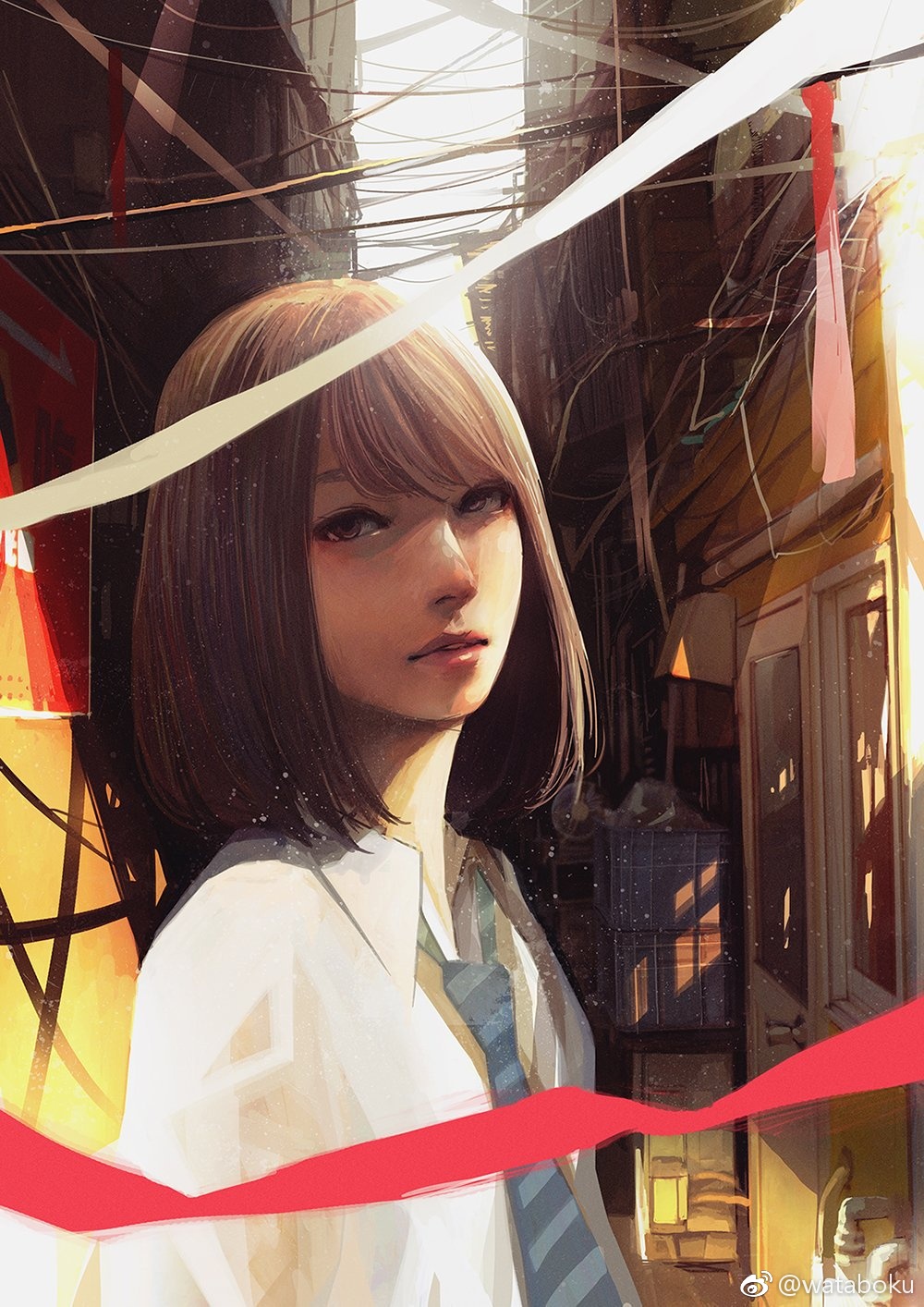 1girl alley artist_name breasts brown_eyes city collared_shirt door highres indoors junk lips looking_at_viewer necktie nose original outdoors parted_lips shirt short_hair solo striped striped_necktie wataboku watermark weibo_username white_shirt wing_collar
