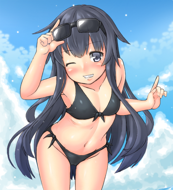 10s 1girl akatsuki_(kantai_collection) bikini black_bikini black_eyes black_hair clouds cowboy_shot flat_chest front-tie_top grin kantai_collection kurogane_daichi leaning_forward long_hair looking_at_viewer navel one_eye_closed side-tie_bikini smile solo standing sunglasses sunglasses_on_head swimsuit thigh_gap