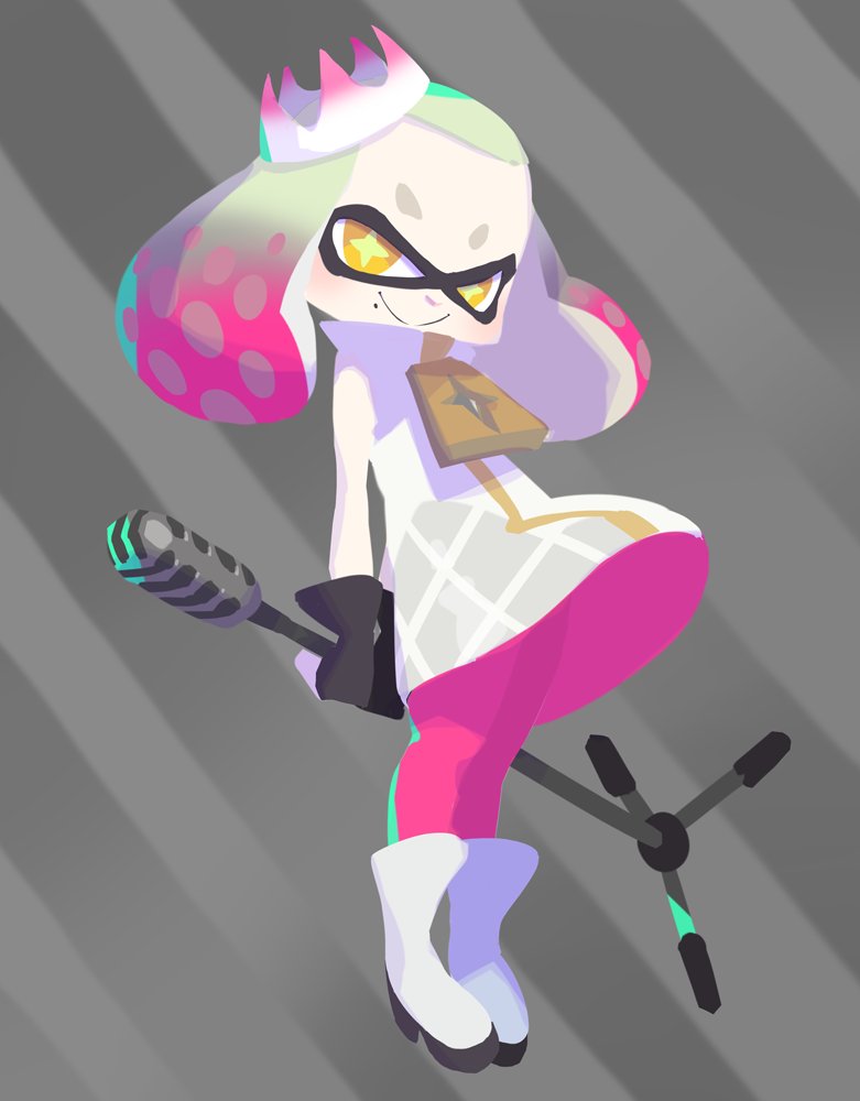 1girl arms_behind_back boots crown diagonal_stripes domino_mask dress fingerless_gloves forehead full_body gloves gradient_hair grey_background looking_at_viewer mask microphone multicolored_hair pantyhose pearl_(splatoon) pink_legwear saitou_naoki short_hair simple_background sleeveless sleeveless_dress smile splatoon splatoon_2 standing striped striped_background tentacle_hair white_boots white_dress white_hair yellow_eyes