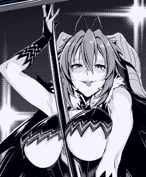 1girl asmodeus_(the_seven_deadly_sins) bare_shoulders breasts bridal_gauntlets cape crop_top crop_top_overhang demon_girl demon_horns greyscale hair_between_eyes horns large_breasts looking_at_viewer monochrome shaded_face smile solo the_seven_deadly_sins tongue tongue_out ulrich_(tagaragakuin) under_boob upper_body