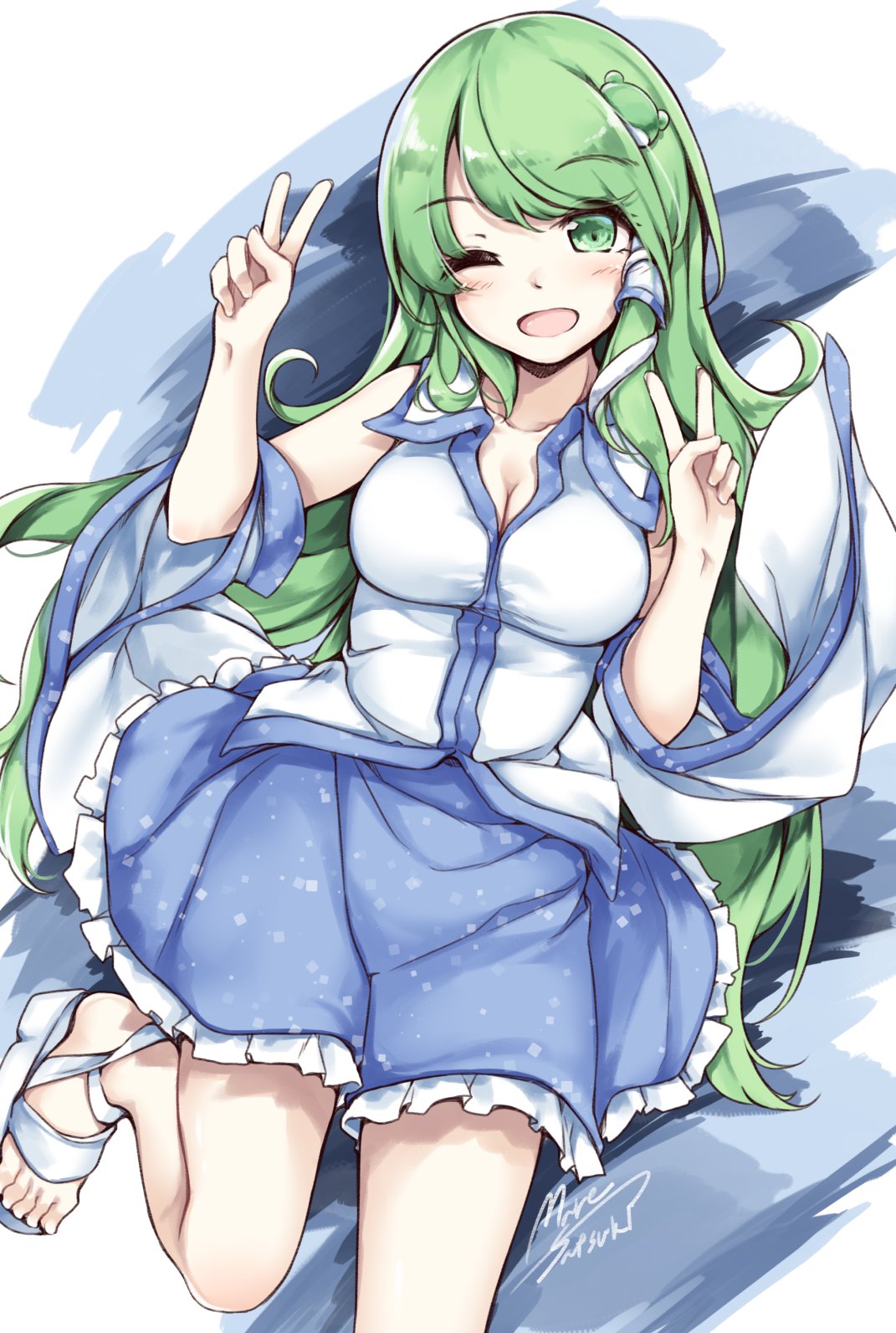 1girl ;d bangs bare_shoulders blue_skirt blush breasts cleavage collared_shirt cowboy_shot detached_sleeves double_v frog_hair_ornament green_eyes green_hair hair_ornament hair_tubes highres kochiya_sanae leg_up long_hair long_sleeves looking_at_viewer maremay0513 medium_breasts nontraditional_miko one_eye_closed open_mouth shirt skirt sleeveless sleeveless_shirt smile snake_hair_ornament solo swept_bangs touhou v white_shirt wide_sleeves