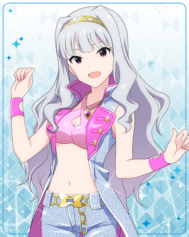 1girl artist_request bangs bare_shoulders belt breasts cleavage hairband idolmaster idolmaster_million_live! idolmaster_million_live!_theater_days long_hair looking_at_viewer midriff navel official_art open_mouth pants shijou_takane silver_hair sleeveless smile solo violet_eyes wavy_hair