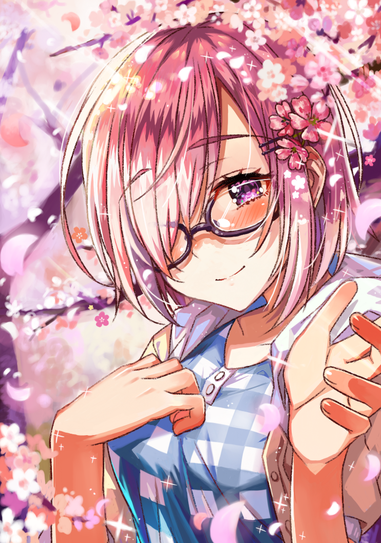 1girl black-framed_eyewear casual cherry_blossoms eyebrows_visible_through_hair fate/grand_order fate_(series) glasses hair_over_one_eye looking_at_viewer moze petals purple_hair shielder_(fate/grand_order) short_hair tree violet_eyes