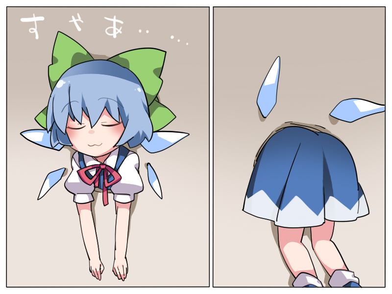 1girl :3 blue_dress blue_hair bow cirno closed_eyes commentary dress hair_bow hammer_(sunset_beach) puffy_sleeves ribbon solo touhou translation_request wings