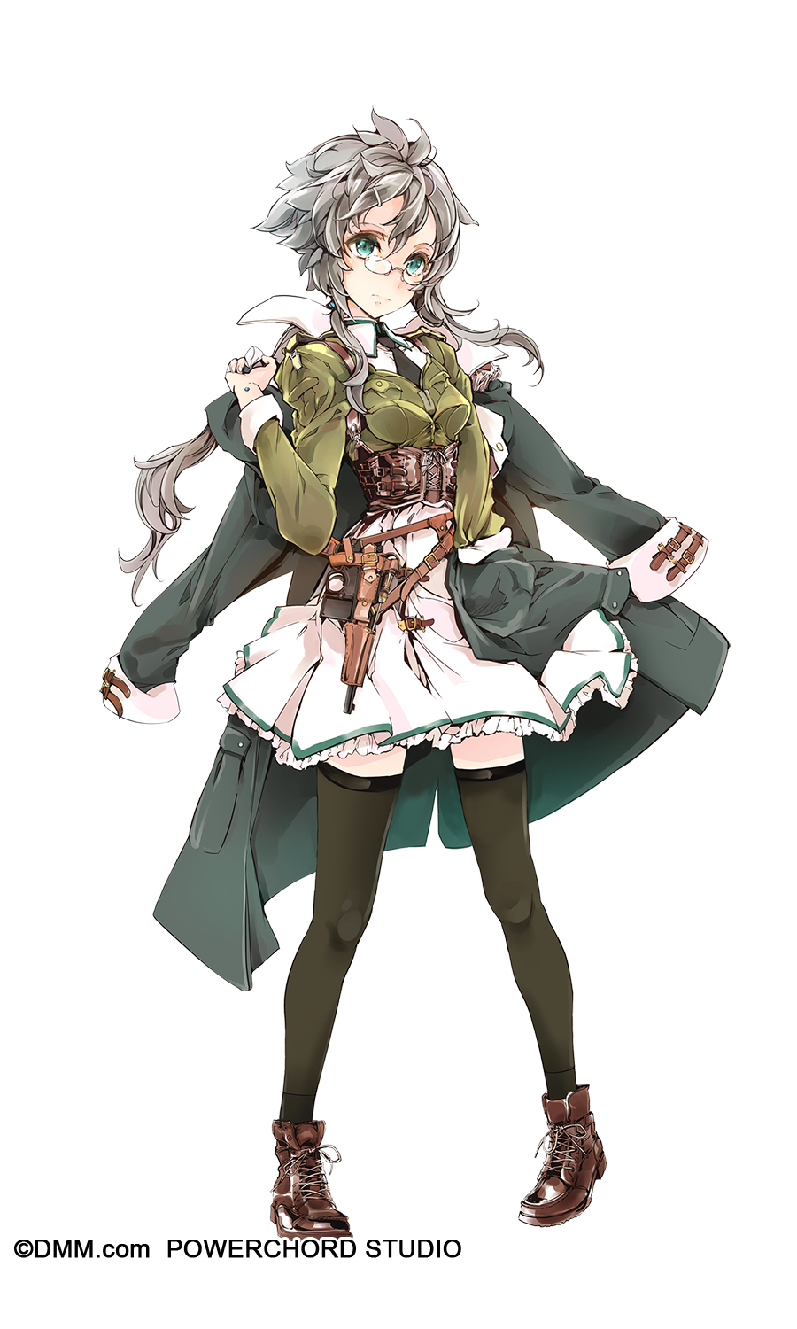 1girl artist_request black_legwear boots brown_boots coat corset drill_senki full_body ginga_saya glasses green_eyes gun handgun highres long_hair pigeon-toed pistol silver_hair solo thigh-highs transparent_background weapon zettai_ryouiki