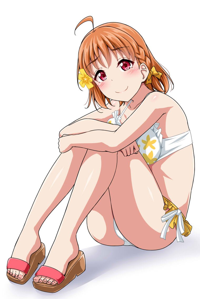 1girl ahoge bangs bikini blush bow braid commentary_request crossed_arms elbows_on_knees eyebrows_visible_through_hair feet flower hair_bow hair_flower hair_ornament knees_up looking_at_viewer love_live! love_live!_sunshine!! orange_hair red_eyes sandals side_braid simple_background sitting smile solo swimsuit takami_chika toes white_background yellow_bow yopparai_oni