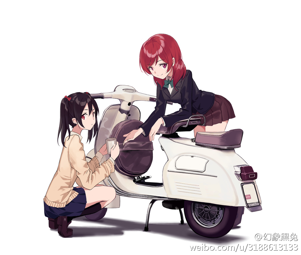 2girls black_hair black_legwear blazer bow bowtie cardigan closed_mouth cup full_body hair_bow huanxiang_heitu jacket kneehighs leaning_forward loafers looking_at_viewer looking_back love_live! love_live!_school_idol_project medium_hair moped mug multiple_girls nishikino_maki pleated_skirt red_eyes redhead school_uniform shoes skirt smile squatting standing steam twintails violet_eyes watermark web_address yazawa_nico