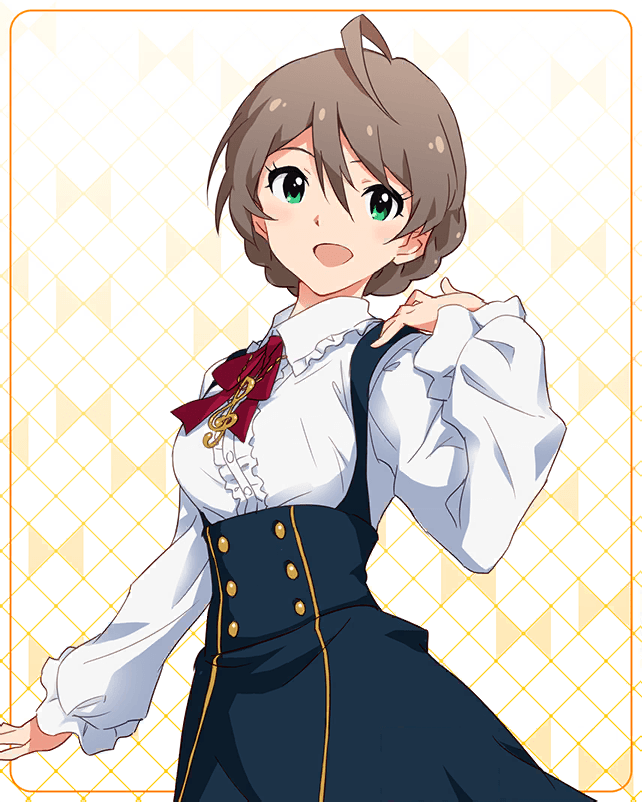 1girl ahoge artist_request bangs bow frilled_sleeves frills green_eyes high-waist_skirt idolmaster idolmaster_million_live! idolmaster_million_live!_theater_days jewelry light_brown_hair looking_at_viewer official_art open_mouth pendant ribbon sakuramori_kaori short_hair skirt smile solo tied_hair