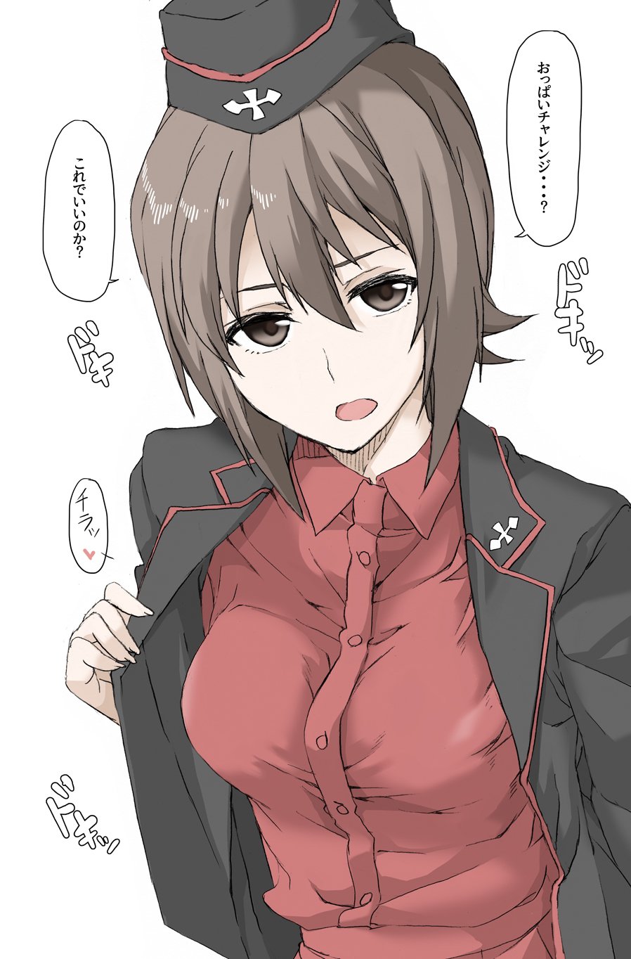 1girl breasts brown_eyes brown_hair elf_(stroll_in_the_woods) eyebrows_visible_through_hair garrison_cap girls_und_panzer hair_between_eyes hat highres jacket kuromorimine_military_uniform looking_at_viewer medium_breasts nishizumi_maho open_clothes open_jacket open_mouth red_shirt shirt short_hair solo speech_bubble translated white_background