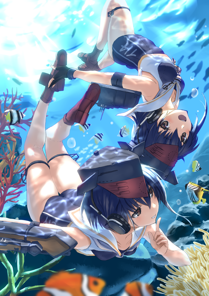 10s 2girls :d air_bubble bare_shoulders blue_hair brown_eyes commentary_request coral finger_to_mouth fish gloves hair_between_eyes hat headphones highres i-13_(kantai_collection) i-14_(kantai_collection) index_finger_raised kantai_collection kneepits multiple_girls one-piece_swimsuit open_mouth partly_fingerless_gloves rock sailor_collar school_swimsuit short_hair shushing sisters smile swimsuit tsuuhan twins underwater upside-down
