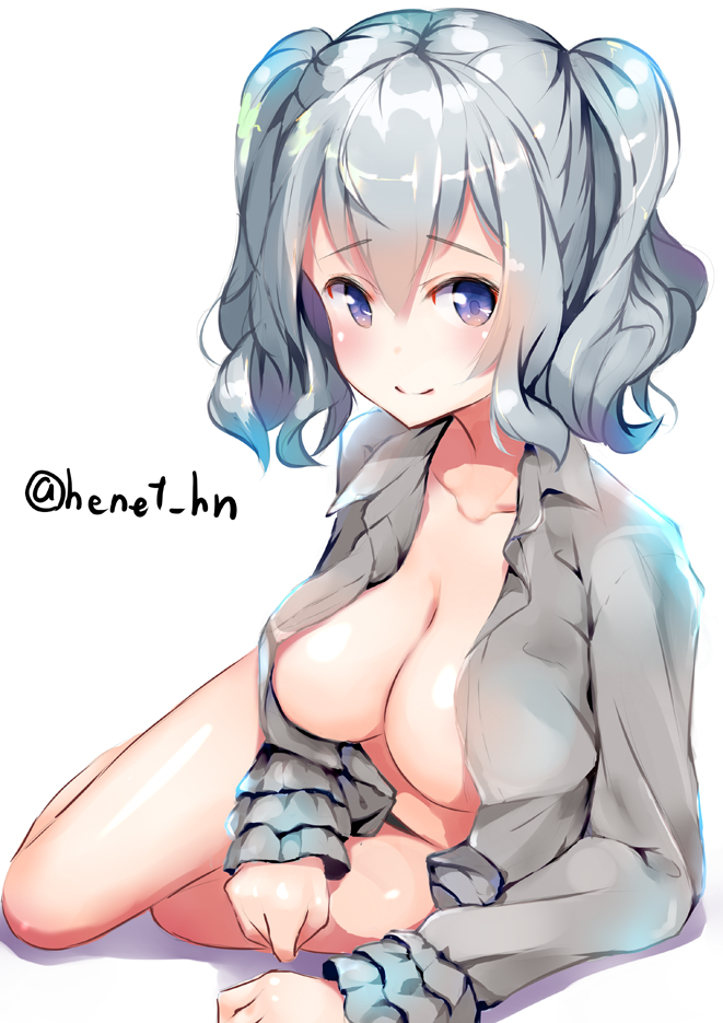10s 1girl blue_eyes breasts collarbone grey_shirt hair_between_eyes henet_hene kantai_collection kashima_(kantai_collection) large_breasts long_sleeves no_hat no_headwear open_clothes open_shirt shirt short_hair silver_hair simple_background smile solo twitter_username two_side_up white_background