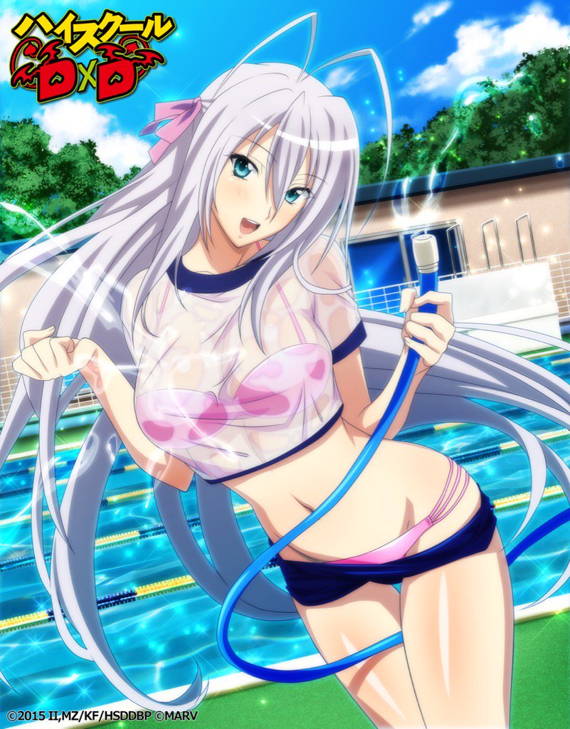 1girl 2015 artist_request bikini blue_eyes blush breasts cleavage company_name copyright_name gym_uniform hair_between_eyes hair_ribbon happy high_school_dxd hose large_breasts long_hair navel official_art pink_bikini pool ribbon rossweisse silver_hair smile solo swimsuit very_long_hair water wet wet_clothes