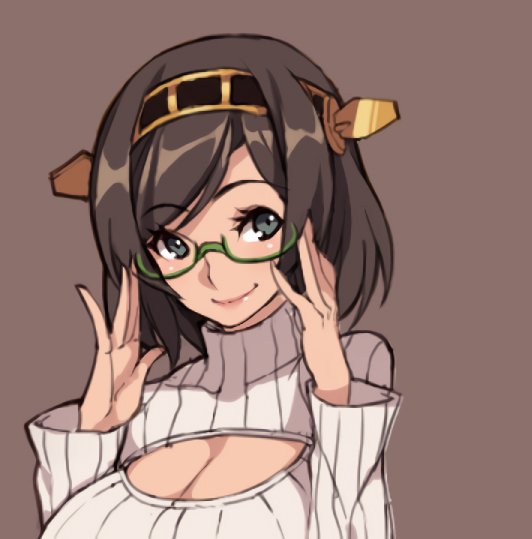 10s 1girl adjusting_glasses bangs blue_eyes breasts brown_background brown_hair closed_mouth glasses green-framed_eyewear hairband headgear kantai_collection kirishima_(kantai_collection) kugi_ta_hori_taira large_breasts lips long_sleeves looking_away meme_attire open-chest_sweater ribbed_sweater semi-rimless_glasses short_hair simple_background smile solo sweater swept_bangs turtleneck turtleneck_sweater under-rim_glasses upper_body