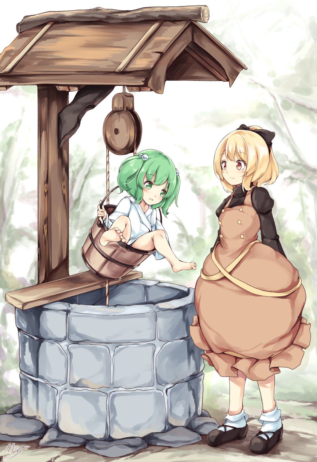 2girls arms_at_sides barefoot black_bow black_shoes blonde_hair blush bobby_socks bow brown_dress brown_eyes bucket dress full_body green_eyes green_hair hair_bobbles hair_bow hair_ornament highres in_bucket in_container japanese_clothes juliet_sleeves kimono kisume kurodani_yamame long_sleeves looking_at_another maremay0513 multiple_girls parted_lips ponytail puffy_sleeves shoes socks standing touhou two_side_up well white_legwear wide_sleeves