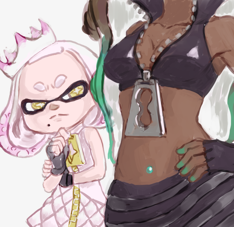 +_+ 2girls aqua_hair bare_shoulders black_hair breast_envy breasts cleavage close-up collarbone crop_top crown dark_skin dress envy fingerless_gloves gloves hand_on_hip hand_on_own_chin marina_(splatoon) midriff mole mole_under_mouth multicolored_hair multiple_girls navel navel_piercing octarian partially_unzipped pearl_(splatoon) piercing pink_hair short_eyebrows simple_background sleeveless sleeveless_dress splatoon splatoon_2 stomach symbol-shaped_pupils tentacle_hair thinking two-tone_hair white_background white_hair yellow_eyes zipper zipper_pull_tab