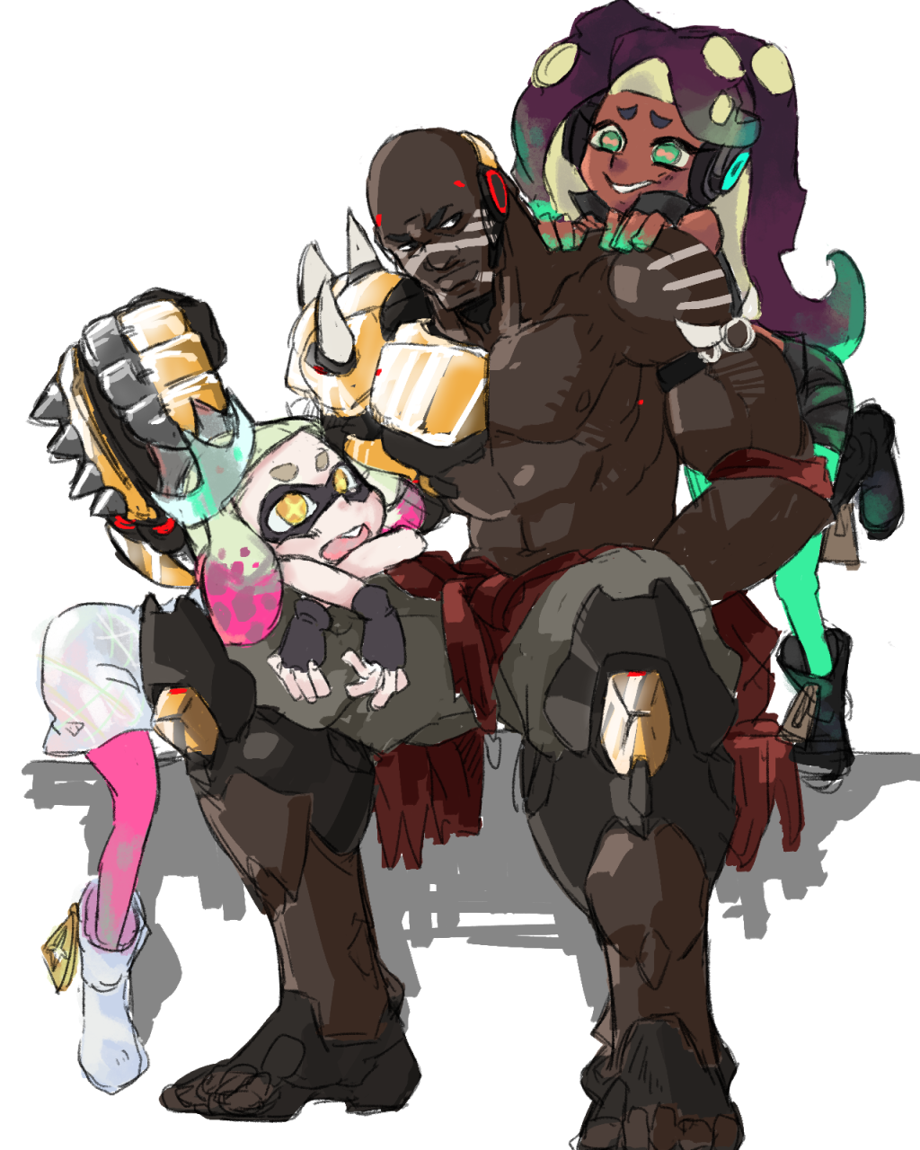 &gt;:| 1boy 2girls :d abs arm_rest arm_tattoo armlet armor armored_boots asymmetrical_armor bald bare_arms bare_shoulders black_gloves blonde_hair boots broad_shoulders chest clenched_hand collarbone crossover crown dark_skin dark_skinned_male doomfist_(overwatch) dress eyebrows facial_tattoo fang fingerless_gloves full_body gloves green_eyes green_hair green_legwear green_skin hand_up hands_on_another's_shoulders head_rest headphones high_collar highres leaning_forward leaning_on_person long_hair looking_back marina_(splatoon) multicolored multicolored_hair multicolored_skin multiple_girls muscle octarian open_mouth overwatch pants pantyhose parted_lips pearl_(splatoon) pink_hair pink_legwear power_armor purple_hair shirtless short_dress short_hair shorts simple_background sitting sleeveless smile spikes splatoon splatoon_2 tattoo tentacle_hair two-tone_hair white_background