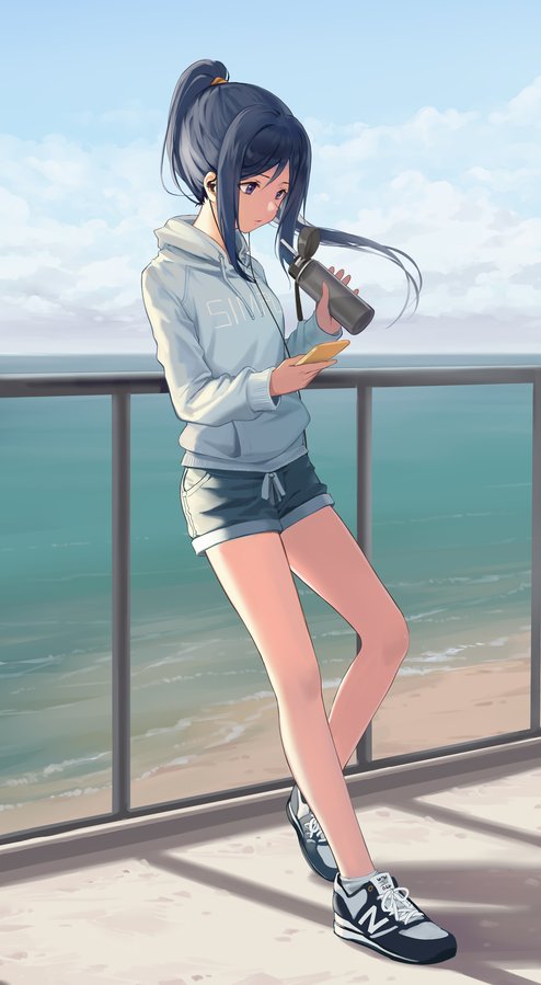 1girl against_railing beach blue_eyes blue_hair breasts cellphone clothes_writing clouds cloudy_sky day digital_media_player earphones earphones english expressionless full_body holding holding_phone hood hooded_sweater hoodie horizon huanxiang_heitu leaning_back looking_down love_live! love_live!_sunshine!! matsuura_kanan ocean outdoors phone ponytail shoes short_shorts shorts sidelocks sky small_breasts smartphone sneakers socks solo sweater thermos