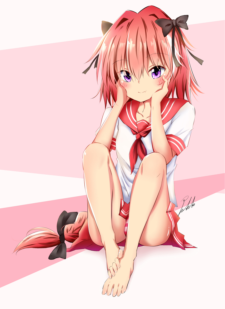 1boy barefoot black_ribbon braid closed_mouth eyebrows_visible_through_hair fang fate/grand_order fate_(series) feet feet_together hair_ribbon hands_on_own_cheeks hands_on_own_face long_hair male_focus panties pink_hair potato_(chenghungchai) red_skirt ribbon rider_of_black school_uniform serafuku short_sleeves signature sitting skirt smile solo striped striped_panties trap underwear violet_eyes