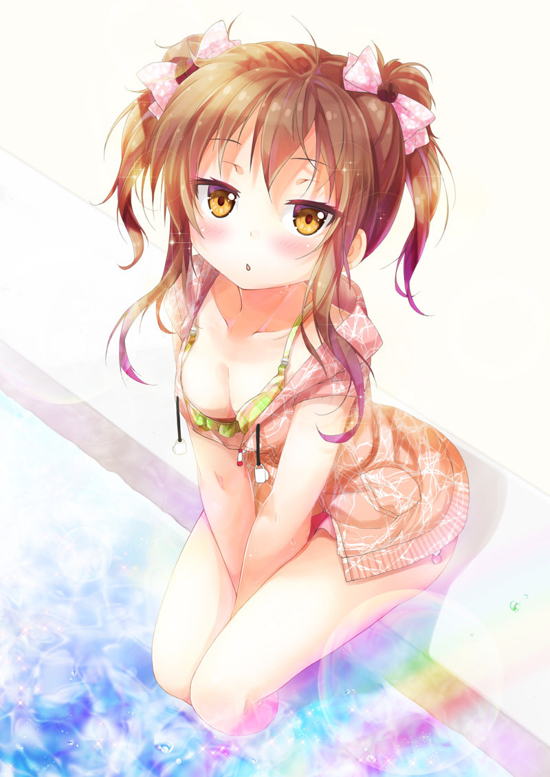 1girl :o bangs between_legs bikini blush bow breasts brown_eyes brown_hair cafe-chan_to_break_time cleavage collarbone hair_bow hand_between_legs hood hoodie jitome legs_together long_hair looking_at_viewer medium_breasts open_clothes open_hoodie parted_lips pink_bow pool poolside porurin sidelocks sitting soaking_feet solo swimsuit thighs twintails v_arms