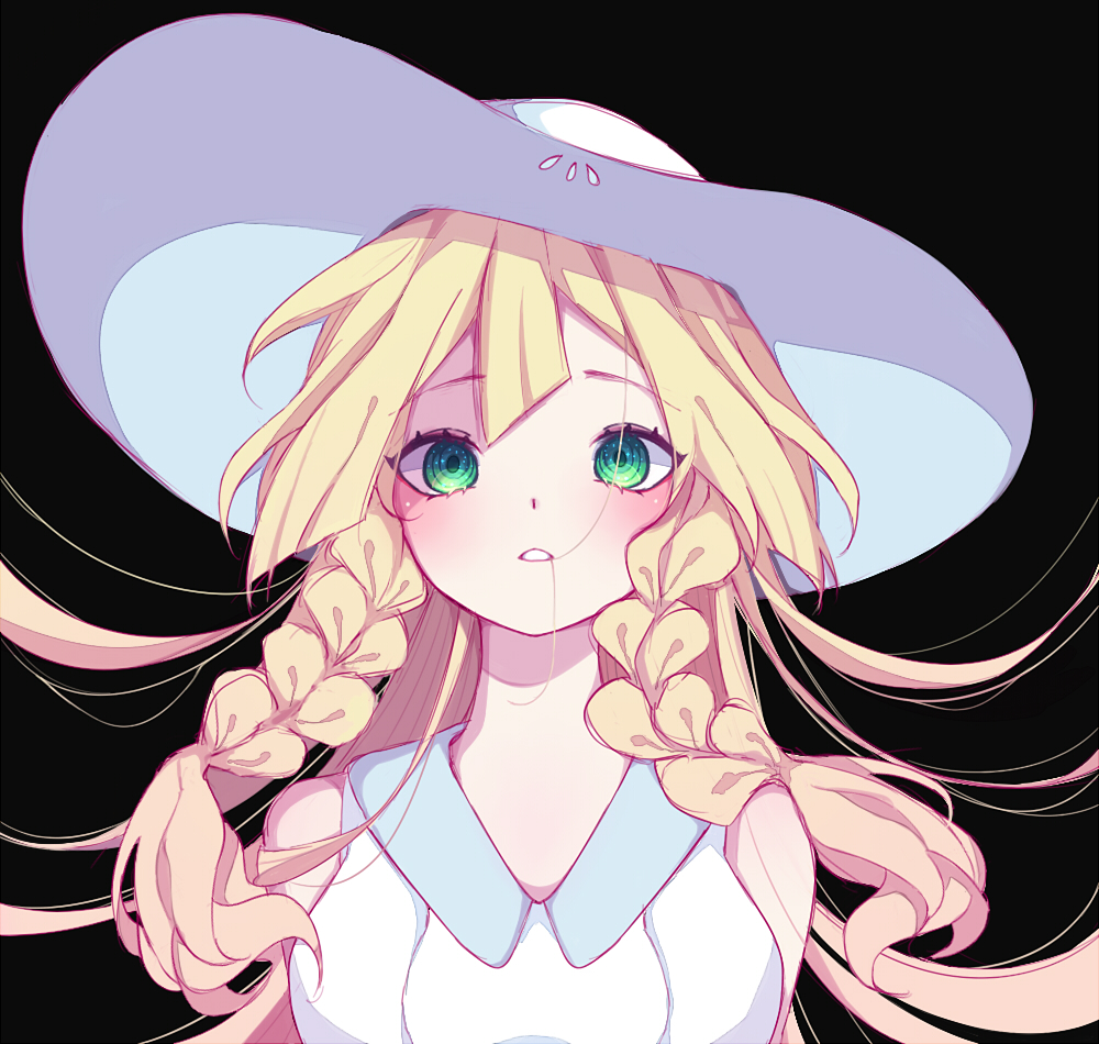 1girl bangs bare_shoulders black_background blonde_hair blush braid breasts collared_dress dress eyebrows_visible_through_hair green_eyes hat lillie_(pokemon) long_hair looking_at_viewer medium_breasts parted_lips pippee pokemon pokemon_(game) pokemon_sm portrait sleeveless sleeveless_dress solo sun_hat sundress teeth teeth_hold tsurime twin_braids white_dress white_hat