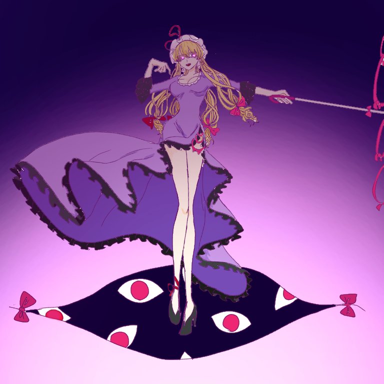 1girl alternate_costume artist_request blonde_hair bow breasts dress eyes full_body gap glowing glowing_eyes gradient gradient_background hair_between_eyes hair_bow hat hat_ribbon holding holding_umbrella long_hair long_sleeves looking_at_viewer mob_cap open_mouth parasol purple_dress ribbon smile solo touhou umbrella violet_eyes yakumo_yukari