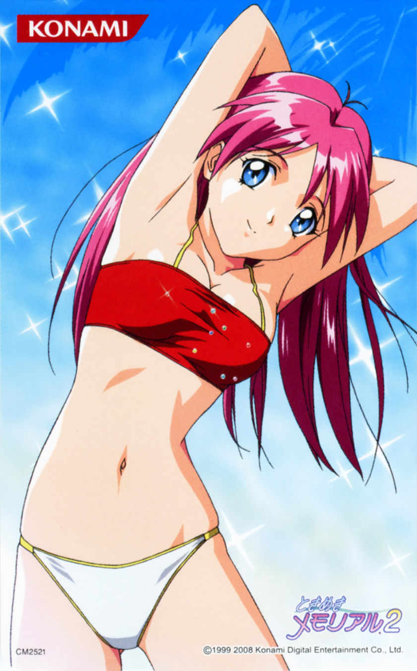 1999 1girl 2008 arms_behind_head blue_eyes breasts cleavage dated highres kokura_masashi konami logo long_hair looking_at_viewer medium_breasts navel official_art pink_eyes scan shirayuki_maho smile solo sparkle swimsuit taut_clothes taut_swimsuit tokimeki_memorial tokimeki_memorial_2