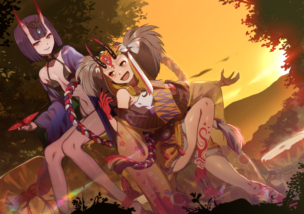 2girls :d bare_shoulders breasts brown_eyes brown_hair claws dutch_angle eyeshadow fate/grand_order fate_(series) floral_print horns ibaraki_douji_(fate/grand_order) japanese_clothes kimono leg_ribbon leg_tattoo looking_at_another makeup multiple_girls naro0427 navel open_mouth outdoors outstretched_arm parted_lips purple_hair red_ribbon ribbon short_hair shuten_douji_(fate/grand_order) sitting small_breasts smile sun sunset tattoo tree twintails