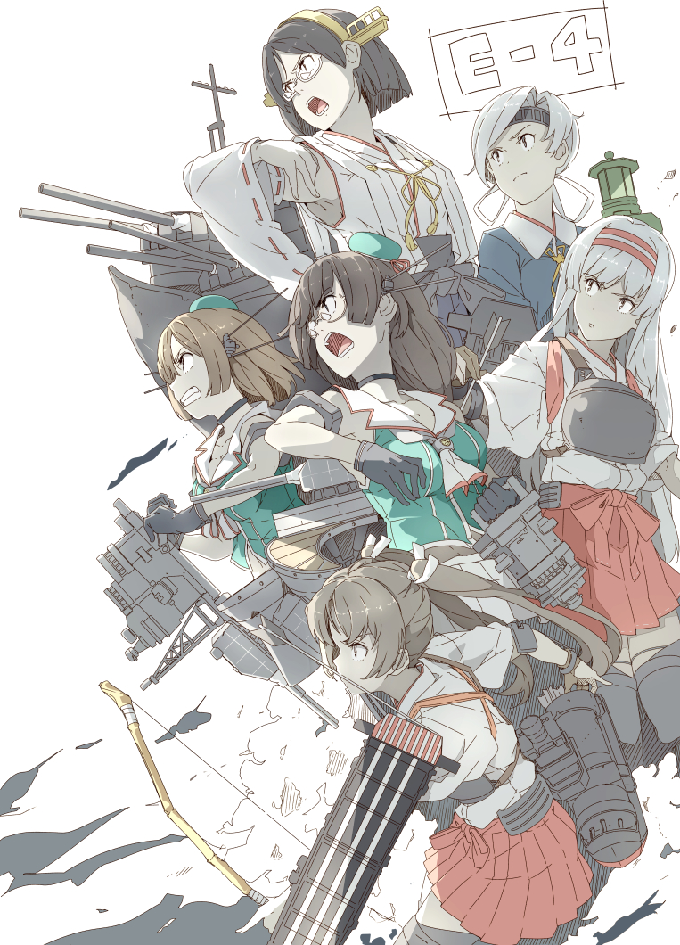 10s 6+girls bare_shoulders beret black_hair black_jacket brown_hair chitose_(kantai_collection) choukai_(kantai_collection) detached_sleeves flight_deck glasses grey_hair hairband hakama_skirt hat headband headgear jacket japanese_clothes kantai_collection kirishima_(kantai_collection) long_hair machinery maya_(kantai_collection) military military_uniform multiple_girls muneate ninimo_nimo nontraditional_miko open_mouth pleated_skirt red_skirt ribbon-trimmed_sleeves ribbon_trim rimless_glasses serious short_hair shoukaku_(kantai_collection) skirt sleeveless tasuki turret twintails uniform white-framed_eyewear white_hair white_skirt wide_sleeves yumi_(bow) zuikaku_(kantai_collection)