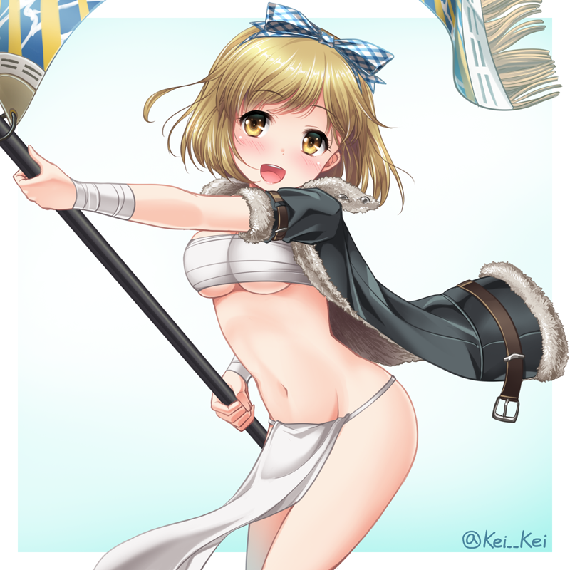 1girl :d black_jacket blonde_hair blush bow breasts cowboy_shot djeeta_(granblue_fantasy) flag fur_trim granblue_fantasy groin hair_bow jacket kei_kei loincloth looking_at_viewer medium_breasts midriff navel open_clothes open_jacket open_mouth sarashi short_hair short_sleeves smile solo stomach twitter_username under_boob yellow_eyes