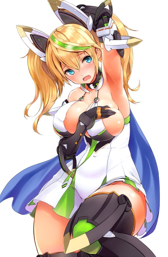 1girl agarwood arm_up armpits bare_shoulders black_gloves blonde_hair blue_eyes blush breasts cape cleavage cowboy_shot deep_skin dress elbow_gloves gene_(pso2) gloves green_hair hair_between_eyes headgear large_breasts long_hair multicolored_hair open_mouth phantasy_star phantasy_star_online_2 short_dress sideboob solo streaked_hair thigh-highs twintails two-tone_hair white_dress