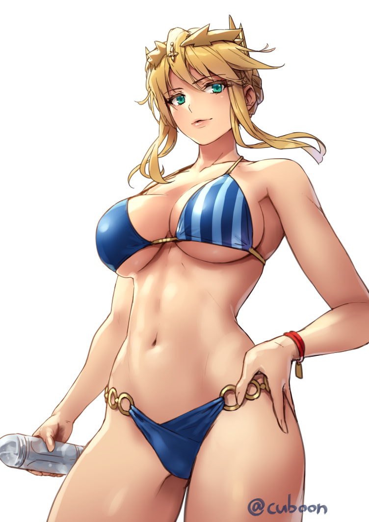 1girl ahoge artoria_pendragon_lancer_(fate/grand_order) bangs bikini bikini_day blonde_hair blue_bikini blush bottle bracelet braid breasts cleavage commentary_request cuboon fate/grand_order fate_(series) green_eyes hair_between_eyes hand_on_hip holding jewelry large_breasts lips looking_at_viewer navel parted_lips saber short_hair_with_long_locks simple_background skindentation smile solo swept_bangs swimsuit twitter_username under_boob white_background