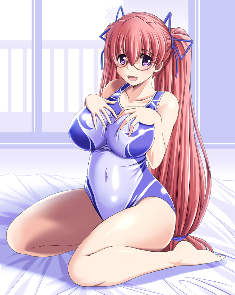 1girl barefoot black_ribbon breasts competition_swimsuit covered_navel glasses hair_ribbon hands_on_own_chest large_breasts log-mi_(tonpuu) long_hair looking_at_viewer one-piece_swimsuit original pink_hair ribbon seiza sitting solo swimsuit tonpuu twintails violet_eyes wariza wide_hips