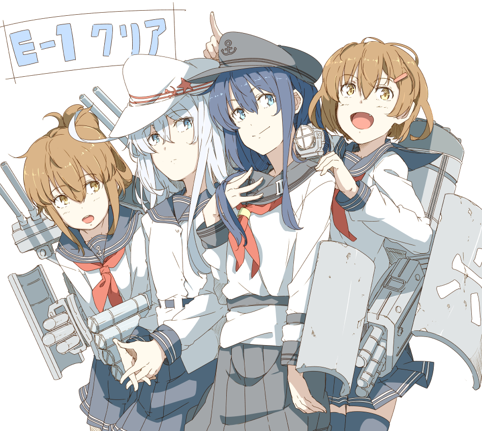 10s 4girls :d akatsuki_(kantai_collection) black_hat black_sailor_collar black_skirt blue_eyes brown_eyes brown_hair fang flat_cap folded_ponytail hair_between_eyes hammer_and_sickle hat hibiki_(kantai_collection) ikazuchi_(kantai_collection) inazuma_(kantai_collection) kantai_collection long_hair long_sleeves machinery multiple_girls neckerchief ninimo_nimo open_mouth pleated_skirt purple_hair red_neckerchief remodel_(kantai_collection) sailor_collar school_uniform serafuku short_hair silver_hair skirt smile turret verniy_(kantai_collection) white_background white_hat