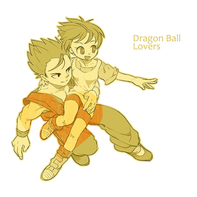 1boy 1girl black_hair boots carrying copyright_name couple dougi dragon_ball dragonball_z hand_on_another's_hip hetero looking_away na_(mu33) open_mouth shirt short_hair shorts simple_background smile son_gohan videl white_background white_shirt wristband