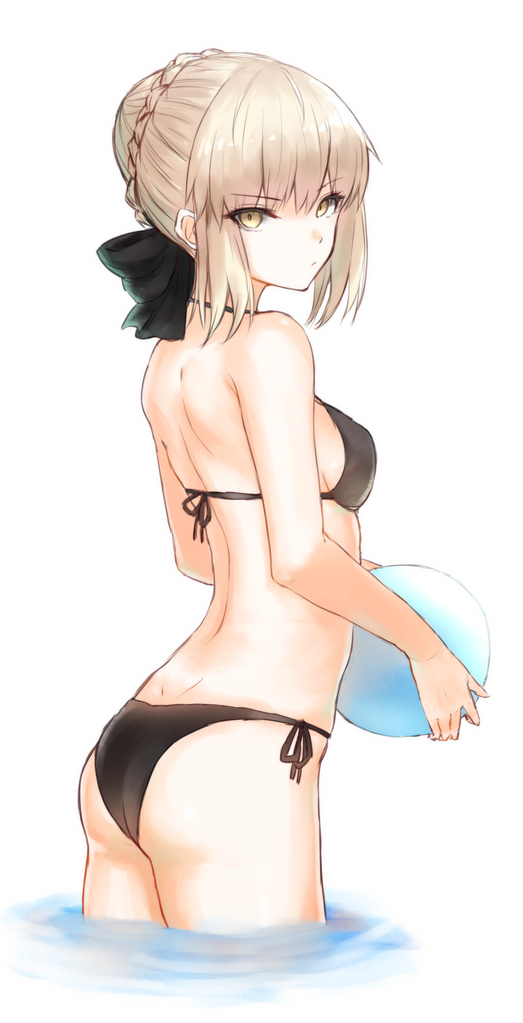 1girl ass ball bikini black_bikini black_bow blonde_hair bow braid cowboy_shot fate/stay_night fate_(series) from_behind hair_bow hair_bun highres looking_at_viewer looking_back rinsu_(kilakira13) saber saber_alter sideboob solo swimsuit water yellow_eyes