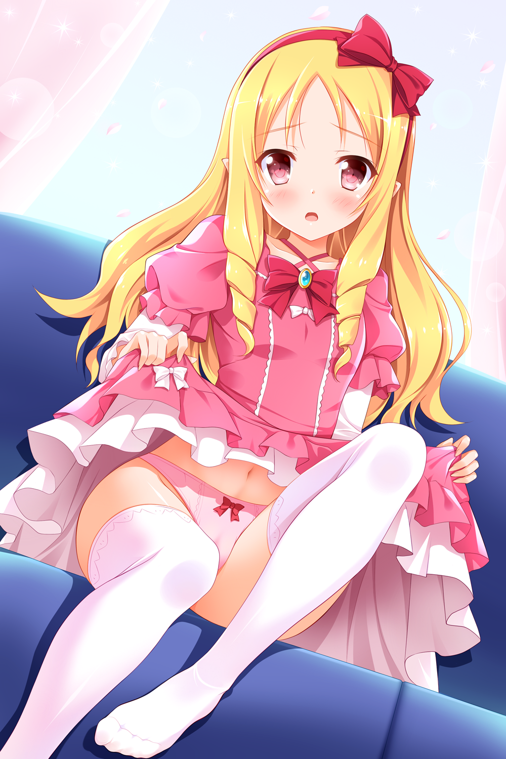 1girl blonde_hair blush dress dress_lift drill_hair eromanga_sensei feet hairband highres lifted_by_self long_hair looking_at_viewer navel no_shoes open_mouth panties pink_eyes pink_panties pointy_ears red_hairband sitting solo thigh-highs twin_drills underwear white_legwear yagami-all_hail_nanao yamada_elf