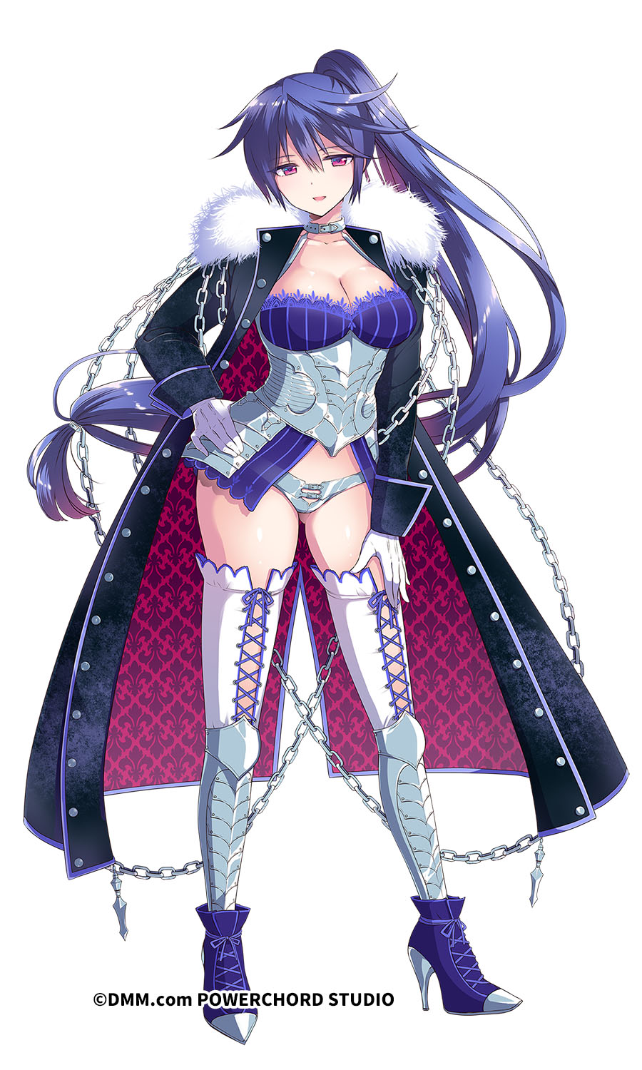 1girl breasts chains character_request cleavage coat collar drill_senki full_body fur_trim gloves gluteal_fold hand_on_hip high_heels highres large_breasts long_hair looking_at_viewer mozuya_murasaki purple_hair red_eyes side_ponytail simple_background smile solo very_long_hair white_background white_gloves