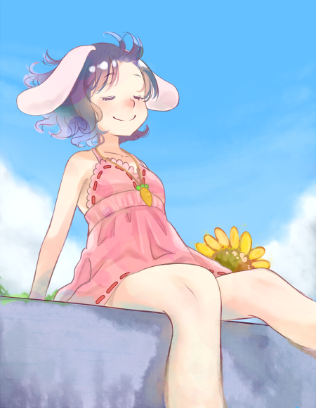 1girl animal_ears arm_support bare_arms bare_legs bare_shoulders blue_sky bogyaku_no_m carrot carrot_necklace closed_eyes collarbone day dress floating_hair floppy_ears flower inaba_tewi outdoors pink_dress purple_hair rabbit_ears shiny shiny_hair short_dress sitting sky sleeveless sleeveless_dress smile solo summer sundress sunflower touhou wind