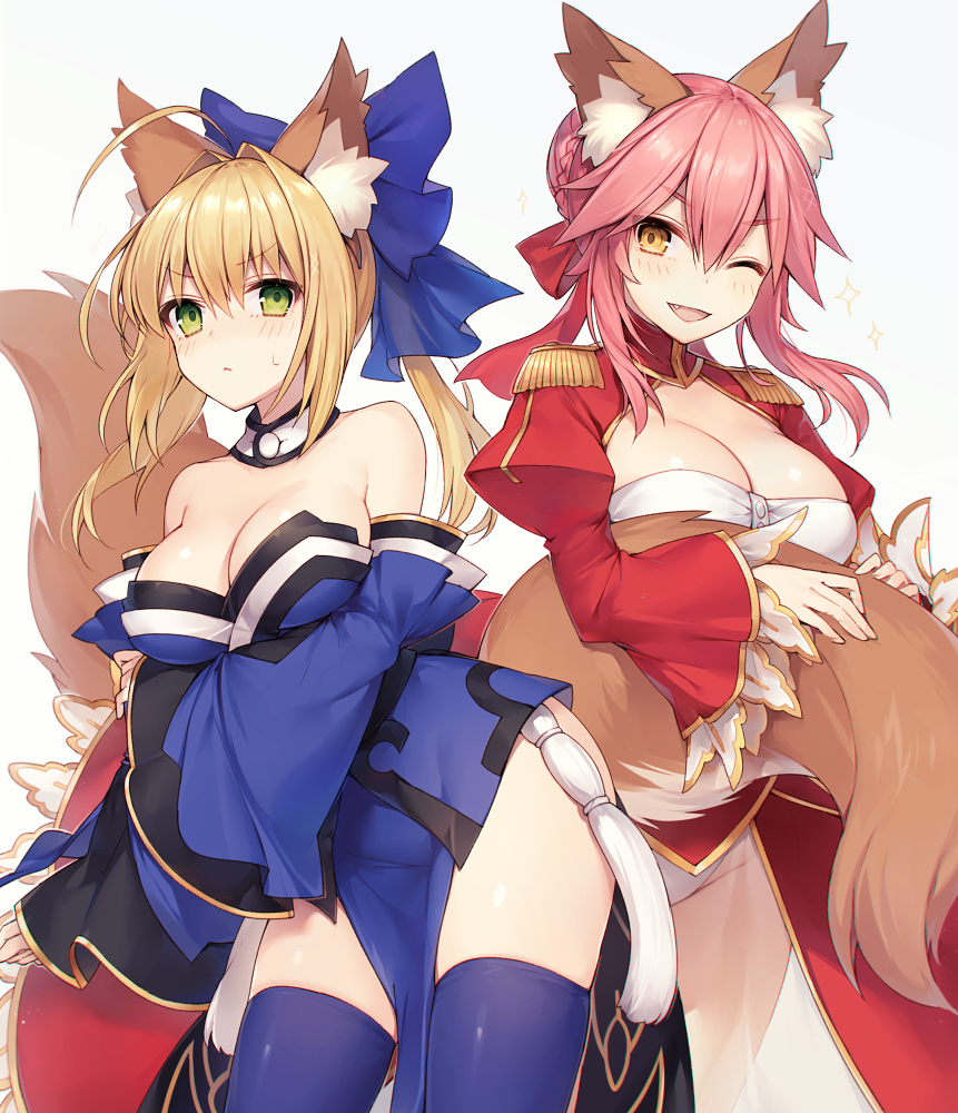 &gt;:&lt; &gt;;d 2girls ;d ahoge alternate_hairstyle animal_ears bare_shoulders blonde_hair blue_bow blue_kimono blue_legwear blush bow breast_hold breasts cleavage cleavage_cutout closed_mouth collar collarbone contrapposto cosplay costume_switch detached_collar detached_sleeves dress eyebrows_visible_through_hair fake_animal_ears fang fate/extra fate_(series) fox_ears fox_tail green_eyes hair_bow hair_bun hair_intakes hairstyle_switch holding_tail japanese_clothes juliet_sleeves kimono large_bow leaning_to_the_side loincloth long_sleeves looking_at_viewer multiple_girls muryotaro nero_claudius_(fate) nero_claudius_(fate)_(all) nero_claudius_(fate)_(cosplay) one_eye_closed open_mouth panties pantyshot pantyshot_(standing) pink_hair ponytail puffy_sleeves red_dress sash see-through short_hair short_kimono sidelocks simple_background sleeves_past_wrists smile standing sweat tail tamamo_(fate)_(all) tamamo_no_mae_(fate) tamamo_no_mae_(fate)_(cosplay) thigh-highs thighs twintails underwear white_panties wide_sleeves yellow_eyes