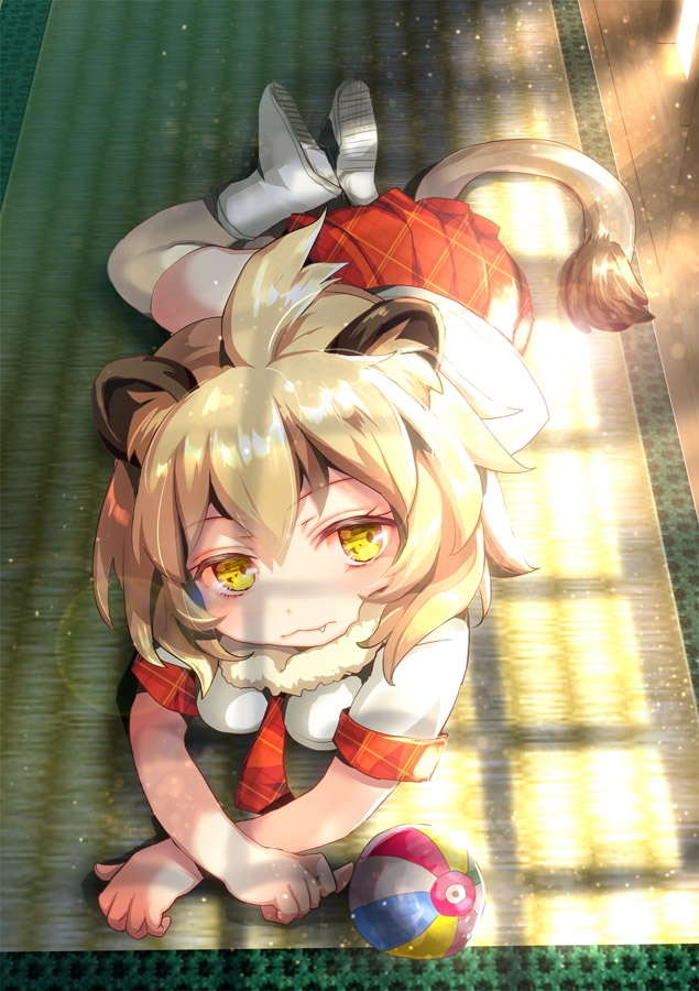 1girl animal_ears ball blonde_hair blush eyebrows_visible_through_hair fang kemono_friends lion_(kemono_friends) lion_ears lion_tail looking_at_viewer lying necktie on_stomach red_necktie red_skirt short_hair skirt solo tail yoshimura_(yoshimura4shi)