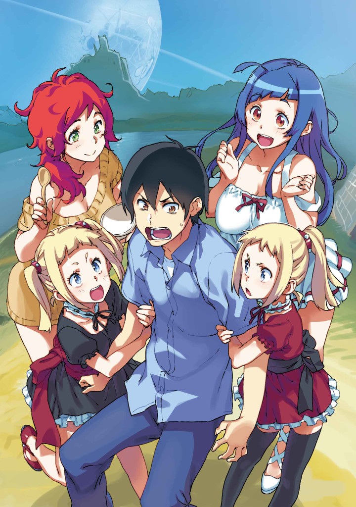 1boy 4girls bangs bare_shoulders black_dress black_hair black_legwear blonde_hair blue_eyes blue_hair blush bow breasts brown_eyes collar collarbone dress flat_chest frilled_collar frilled_dress frills green_eyes hair_ornament harem high_ponytail holding holding_spoon large_breasts long_hair messy_hair multiple_girls open_mouth ponytail puffy_short_sleeves puffy_sleeves red_dress red_eyes redhead ribbon sameda_koban shirt shoes short_hair short_sleeves shoulder_cutout siblings sisters smile spikes spoon sweater sweater_dress thigh-highs twins twintails