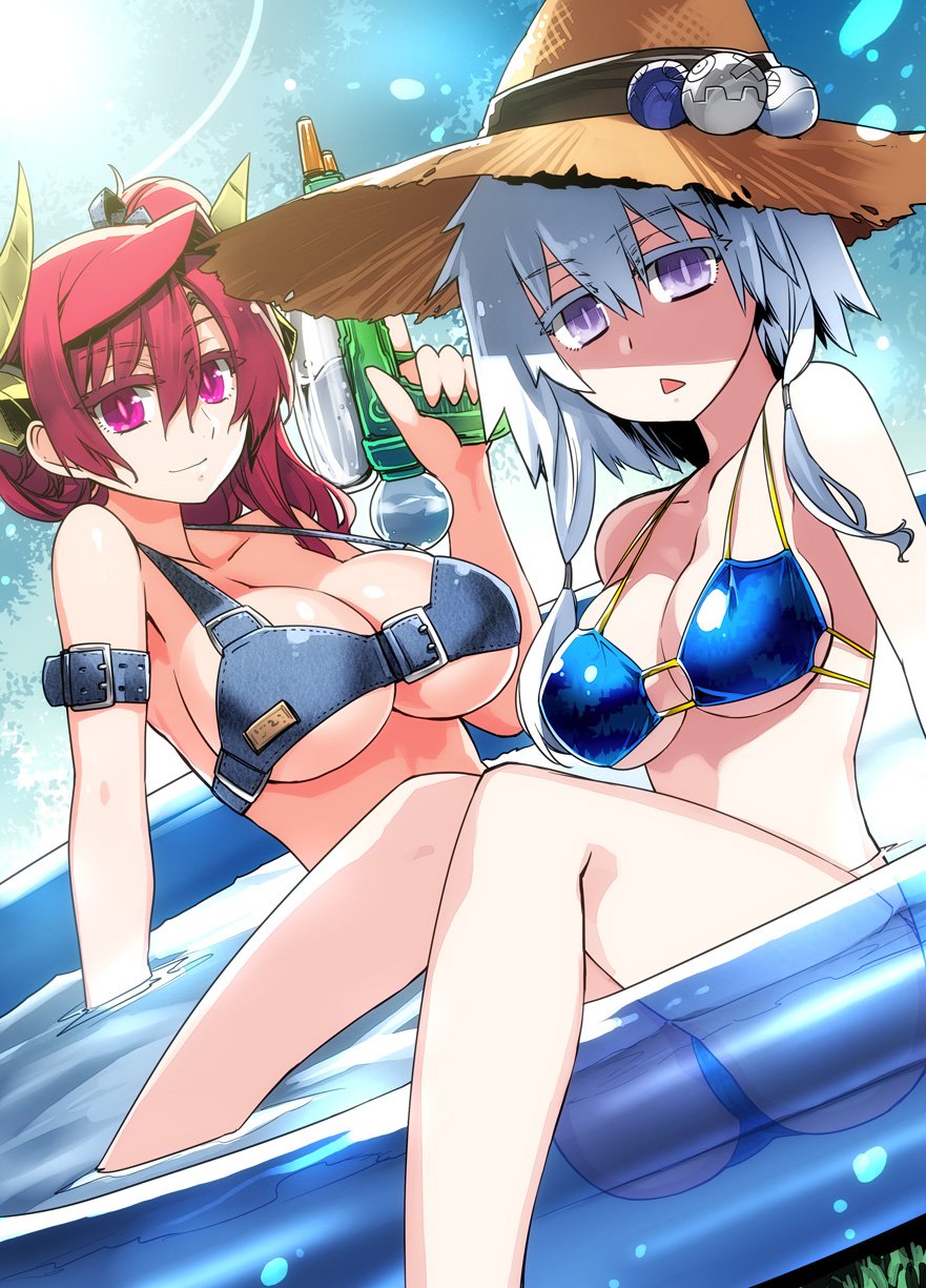 2girls arm_strap bare_legs bikini blue_bikini breasts chestnut_mouth cleavage demon_horns denim dutch_angle hat highres horns ishida_akira large_breasts looking_at_viewer maou_(maoyuu) maoyuu_maou_yuusha medium_breasts multiple_girls onna_mahoutsukai_(maoyuu) partially_submerged pink_eyes promotional_art redhead silver_hair slit_pupils strap_gap sun_hat swimsuit under_boob violet_eyes wading_pool water_gun