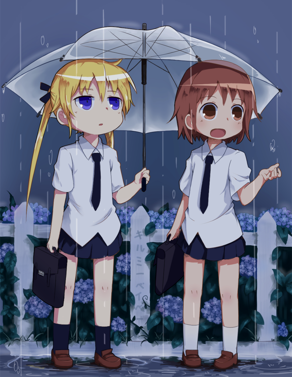 2girls alice_(openhexagon) black_legwear black_necktie black_ribbon black_skirt blonde_hair blue_eyes blush brown_eyes brown_shoes eyebrows_visible_through_hair fence flower hair_ribbon highres holding holding_umbrella kill_me_baby kneehighs long_hair looking_away looking_up multiple_girls necktie open_mouth oribe_yasuna parted_lips puddle rain ribbon shared_umbrella shoes short_hair short_sleeves skirt smile sonya_(kill_me_baby) translated transparent_umbrella twintails umbrella white_legwear