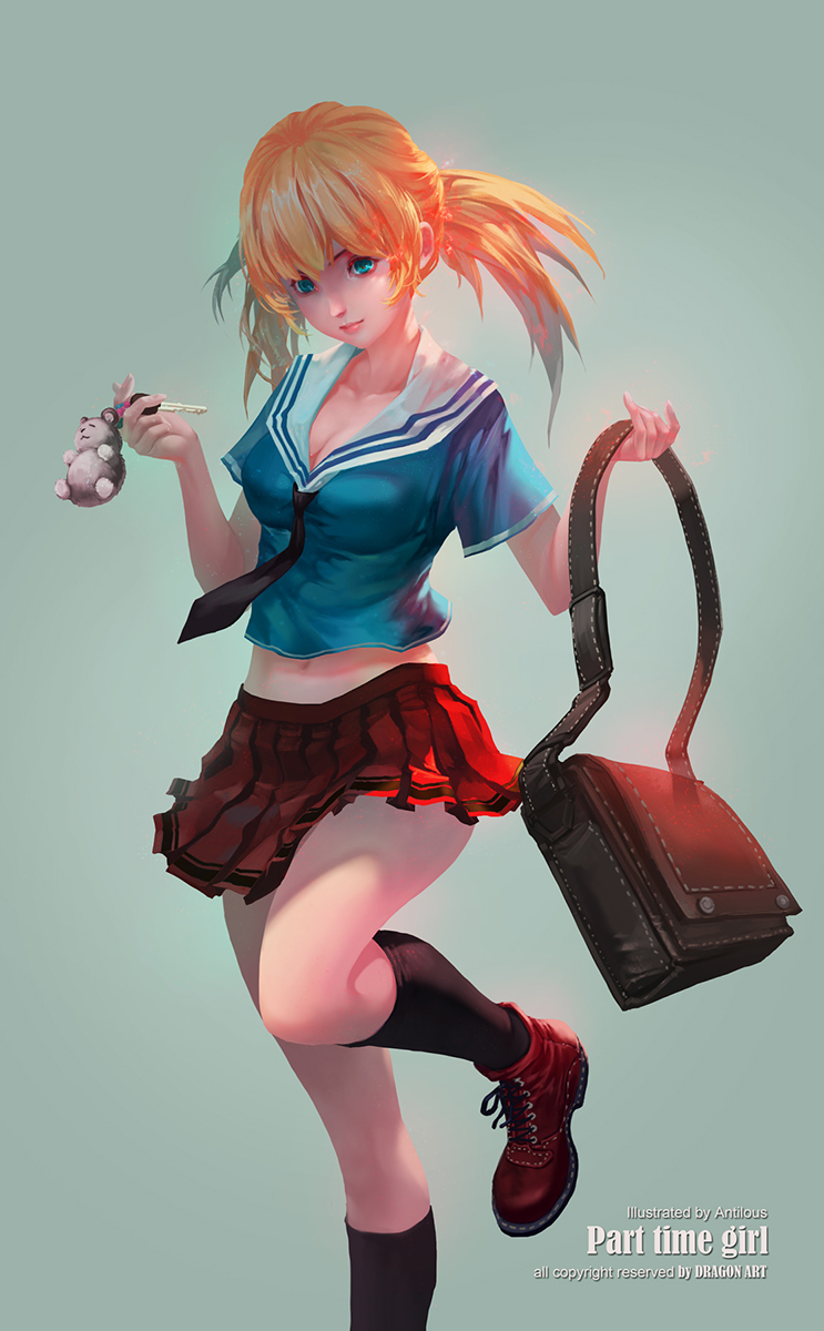 1girl antilous artist_name bag blonde_hair blue_eyes handbag highres key keychain midriff navel original pleated_skirt red_shoes red_skirt school_uniform serafuku shoes skirt solo standing standing_on_one_leg watermark