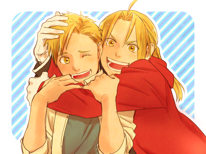 2boys alphonse_elric blonde_hair blue_background brothers coat edward_elric eyebrows_visible_through_hair fullmetal_alchemist gloves hand_on_another's_shoulder hug looking_at_another multiple_boys nomachi one_eye_closed open_mouth outstretched_hand purple_background red_coat siblings smile striped striped_background white_background